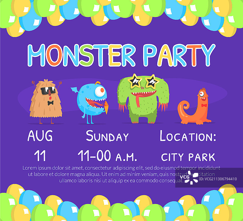 可爱的怪物派对邀请卡模板图片素材