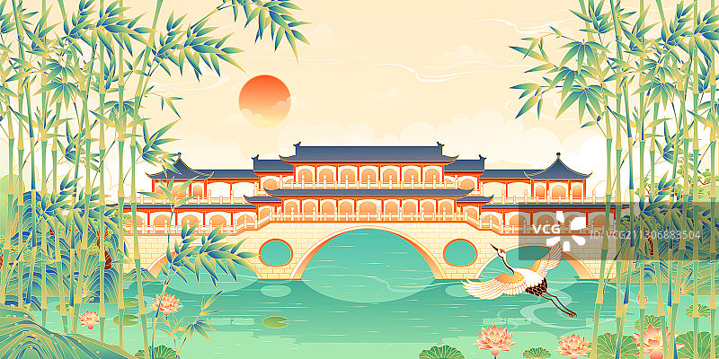 国潮风成都安顺廊桥矢量插画图片素材