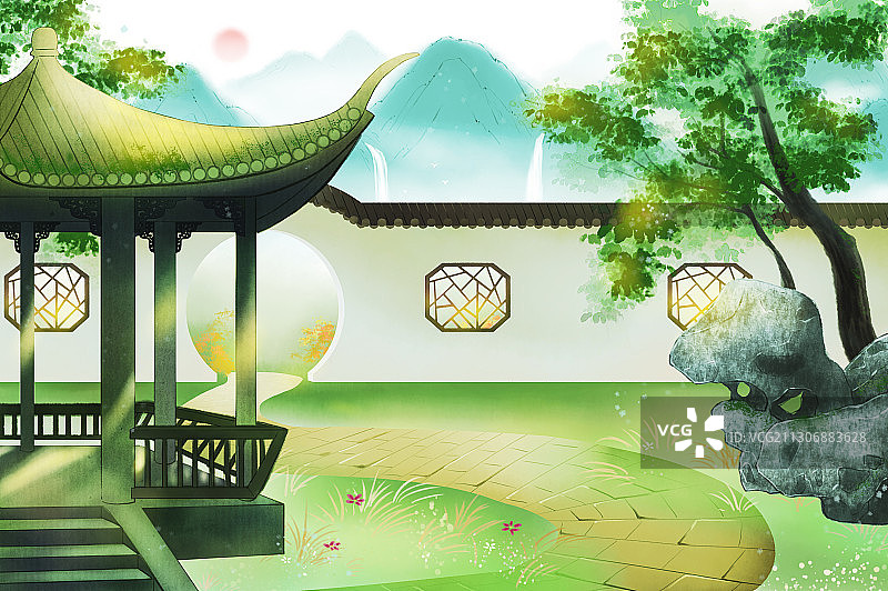 夏天的林园风景插画图片素材