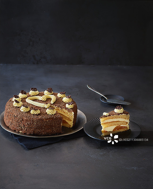 杏子和巧克力碎屑气泡酒蛋糕图片素材