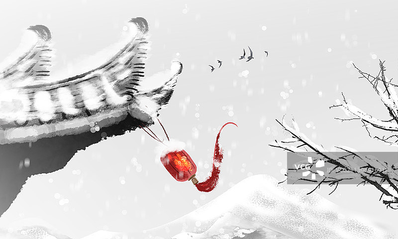 冬季水墨雪景插画图片素材