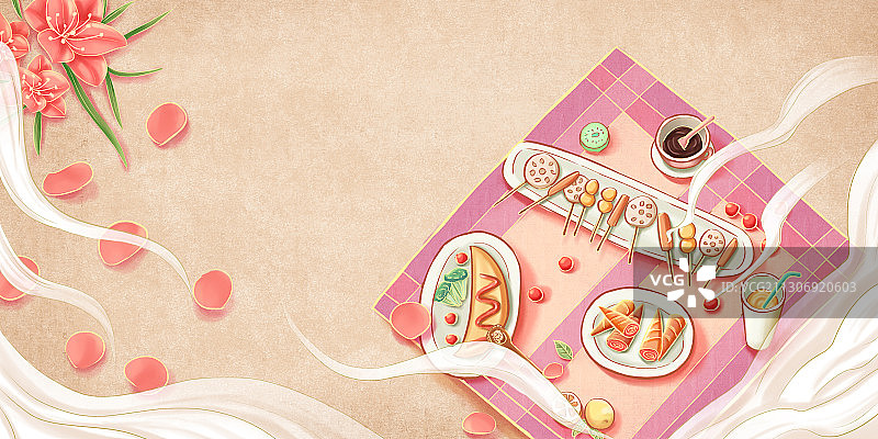 手绘复古美食插画banner背景图片素材