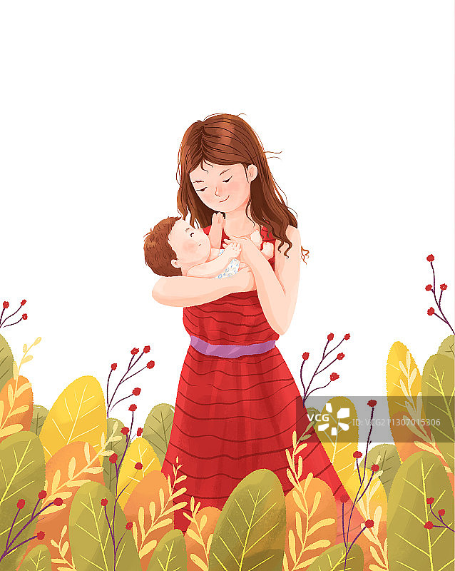 怀抱婴儿的妈妈唯美母婴插画白底竖版绿色图片素材