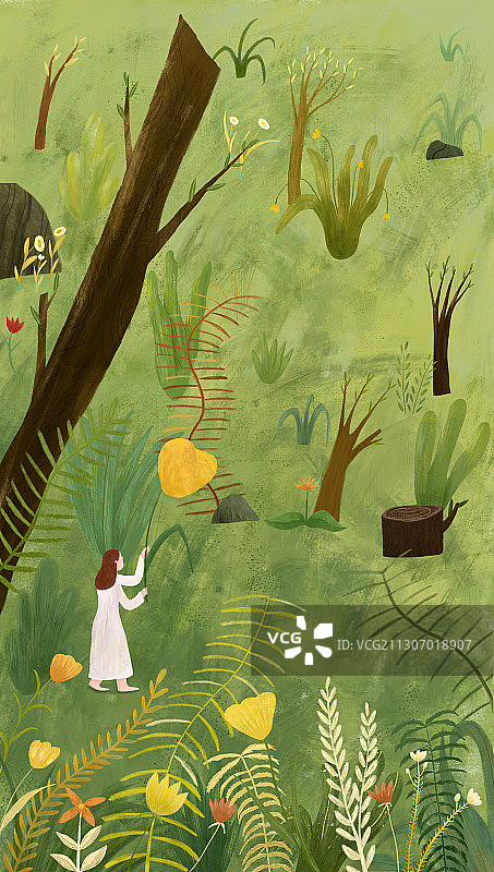 春季万物女孩与植物一起玩耍肌理插画图片素材