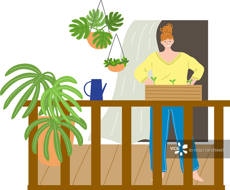 微笑的女人站在阳台上观看图片素材