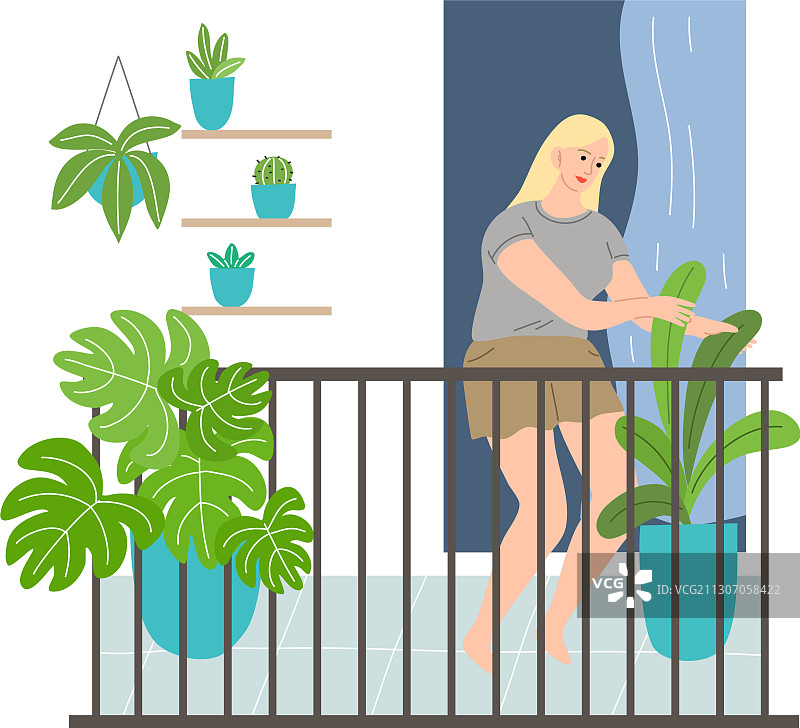 微笑的女人站在阳台上照顾图片素材