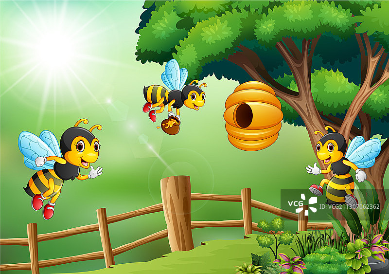 蜜蜂围绕蜂箱飞舞的场景图片素材