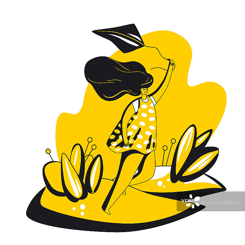 快乐的年轻女人在空地上放风筝图片素材