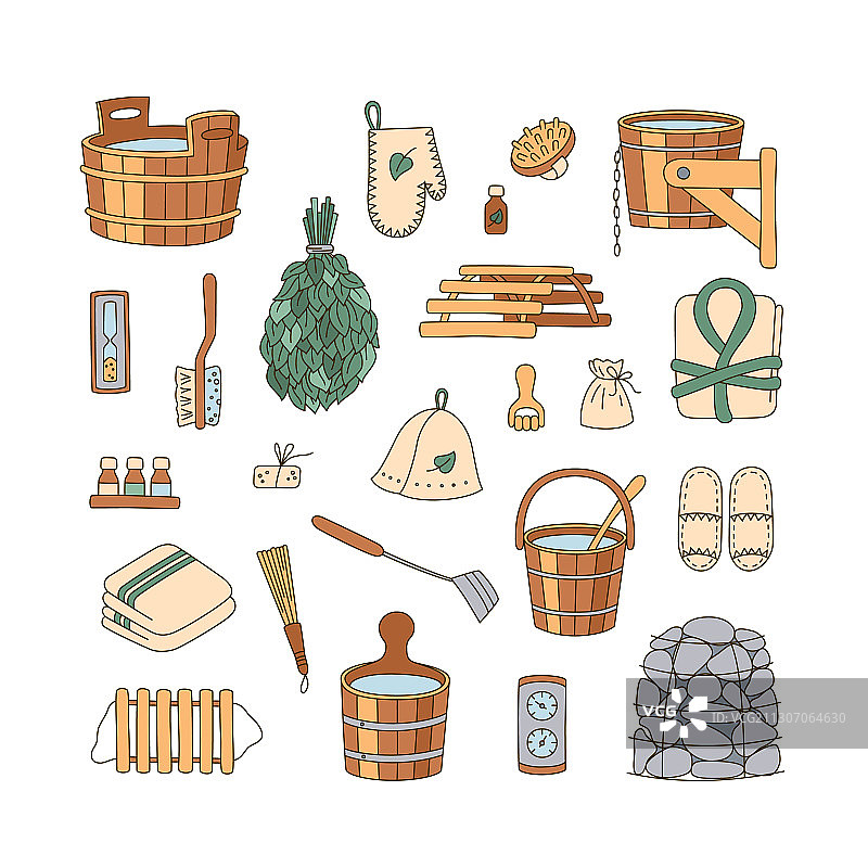 桑拿配件：洗衣刷、浴桶和水桶图片素材