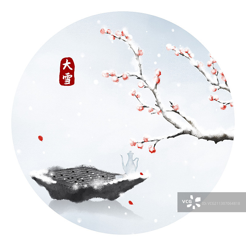 大雪节气中式圆形插画图片素材