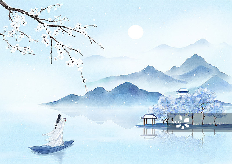 手绘国风水墨山水插画图片素材