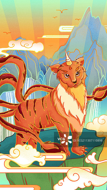 山海经神兽狰站在山石上图片素材