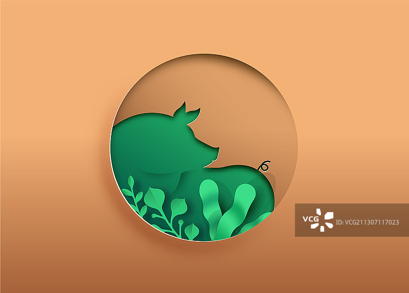 带绿色生态叶的剪纸小猪图片素材