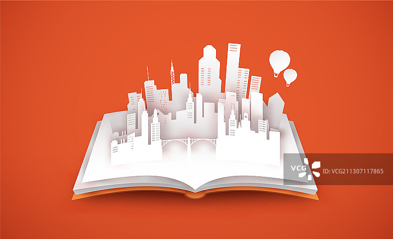 具有3D剪纸塔城市概念的打开的书本图片素材