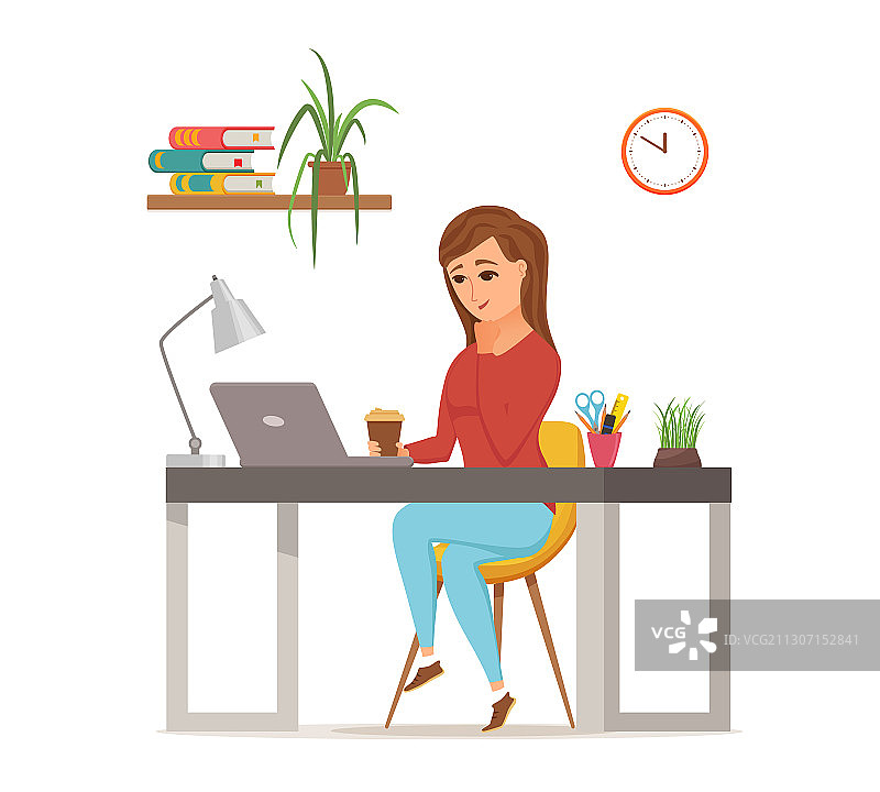 在电脑上工作的女人，多彩概念图片素材