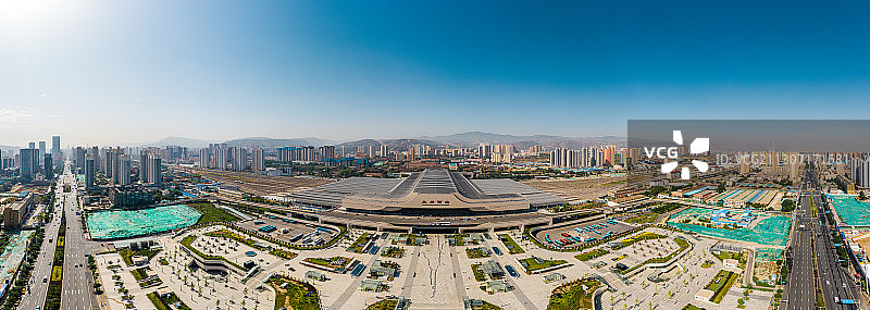 中国甘肃省兰州市兰州西站高铁火车站航拍图片素材