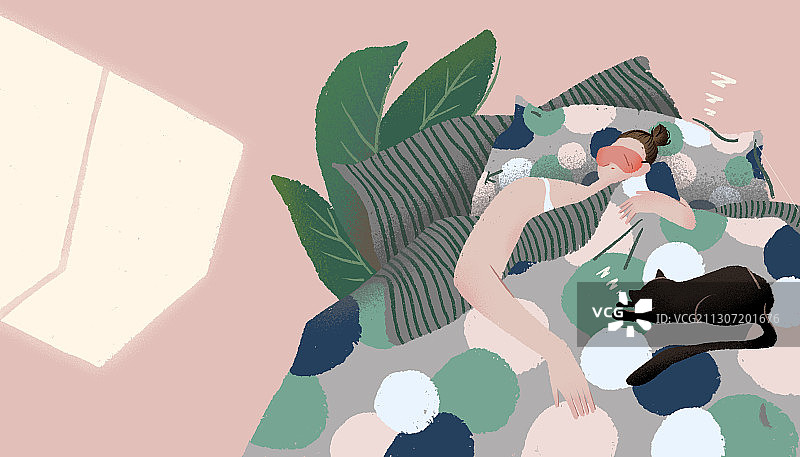 女生和猫睡眠美容休闲生活插画图片素材