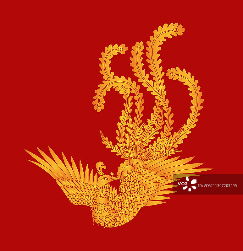 金色传统凤凰艺术图案，红色背景图片素材