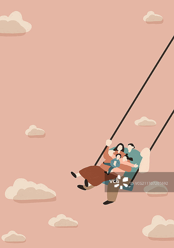 荡秋千的一家人插画图片素材