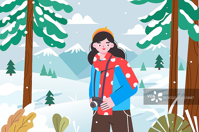 冬天拍摄雪景的女孩矢量插画图片素材