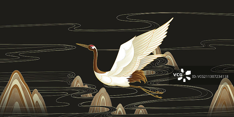 国潮插画鎏金鹤舞图片素材