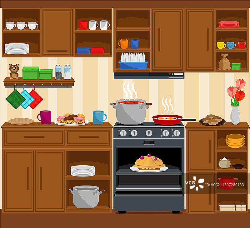 配有家具、厨具和炉灶的舒适厨房图片素材