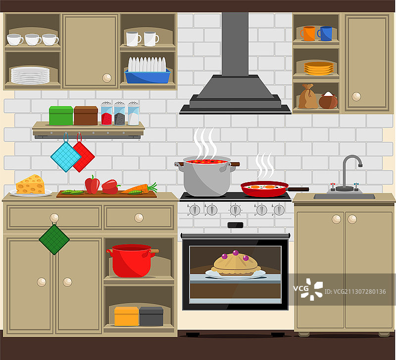 舒适的家居厨房，带炉灶、橱柜、餐具、水槽图片素材