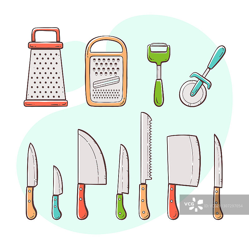 手绘彩色刀具和削皮器图片素材