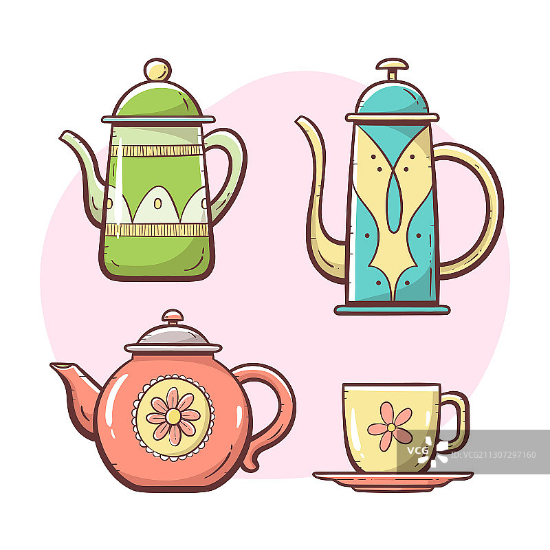 手绘彩色茶壶套装15款图片素材