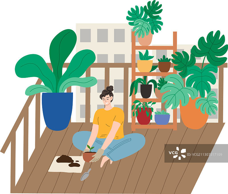 坐在阳台上重新种植的微笑女人图片素材