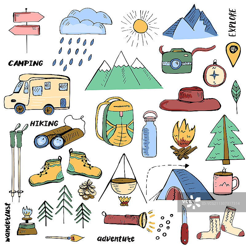 手绘远足露营相关元素图片素材