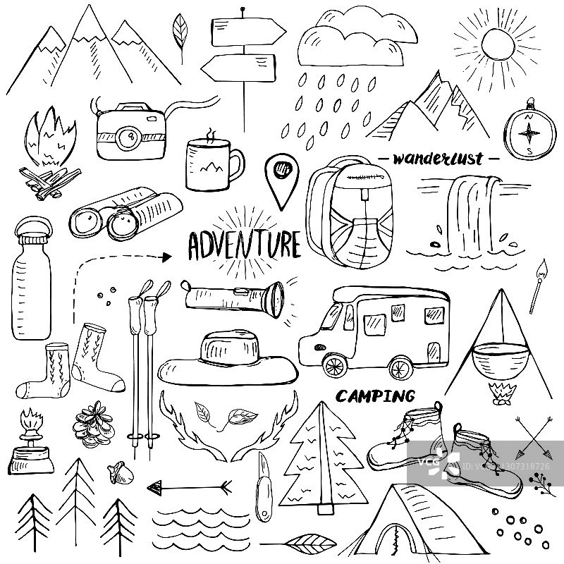 手绘远足露营相关元素图片素材