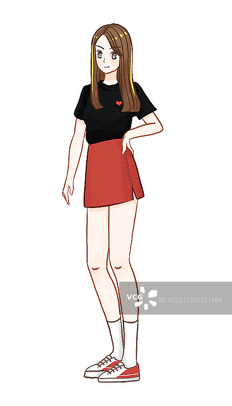 穿着休闲的年轻时尚女孩 手绘插画图片素材