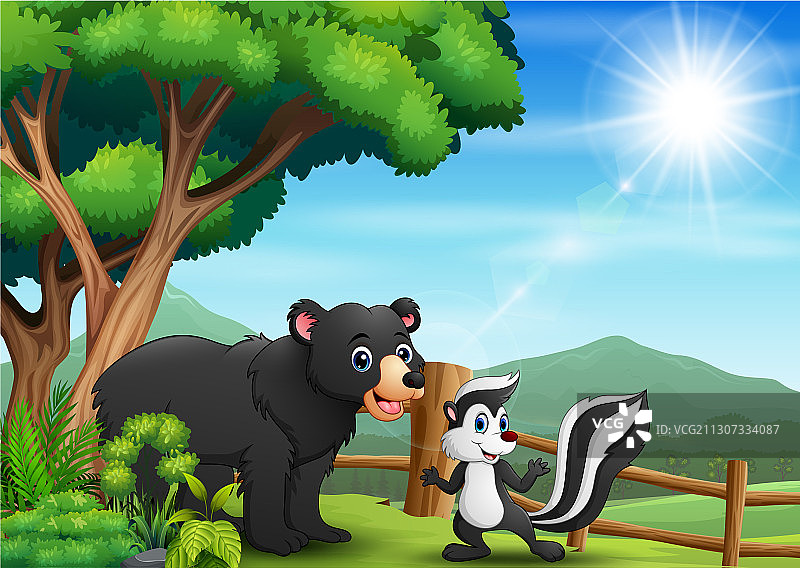 树下的熊和臭鼬图片素材