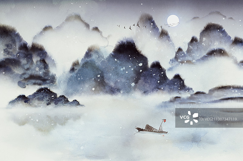 月夜雪景插画图片素材