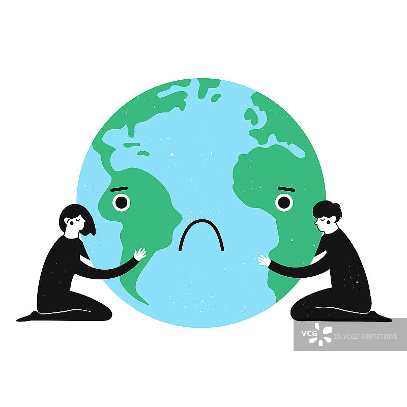 男孩和女孩拥抱可爱的悲伤地球星球图片素材