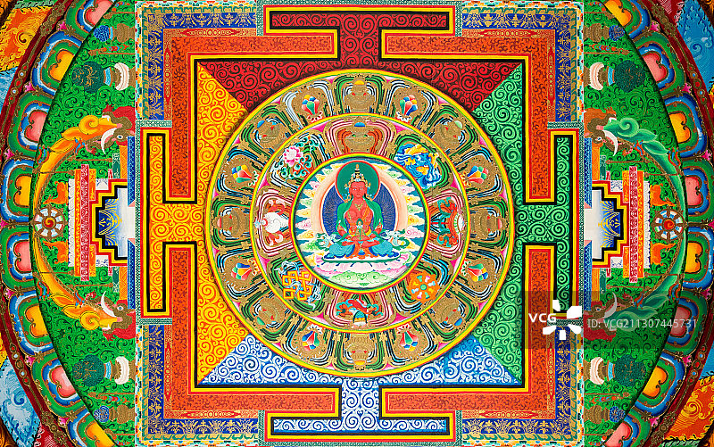 松赞林寺入口处屋顶鲜艳的坛城壁画图片素材