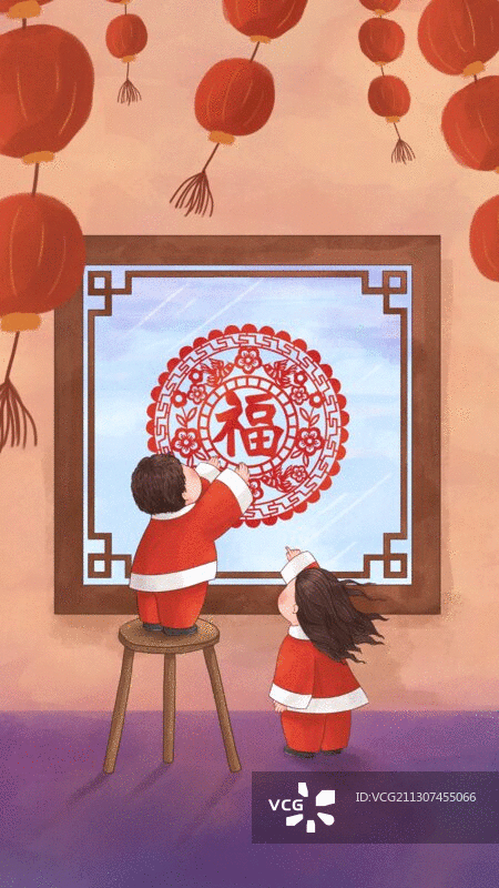 年俗GIF动图腊月二十八贴窗花图片素材