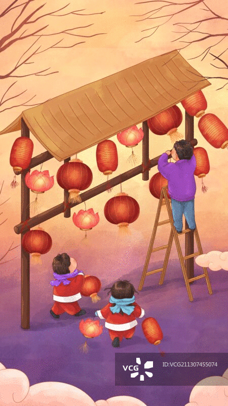 年俗GIF动图正月十二搭建灯棚图片素材
