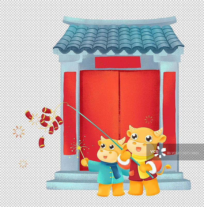 牛年春节红灯笼放鞭炮两头小牛青瓦门头插画图片素材