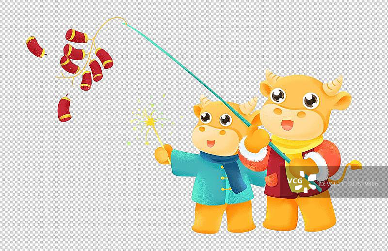 牛年春节放鞭炮两头小黄牛插画图片素材