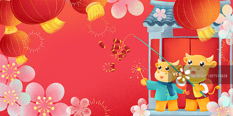 牛年春节红灯笼放鞭炮小牛青瓦门头梅花插画图片素材
