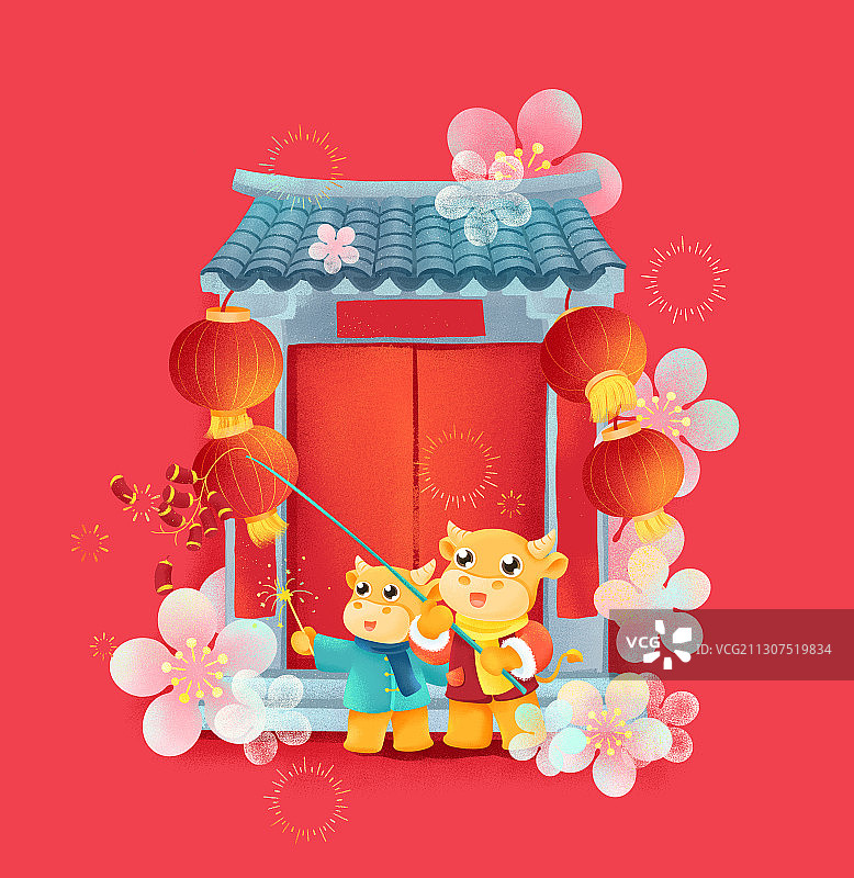 牛年春节红灯笼放鞭炮小牛青瓦门头梅花插画图片素材