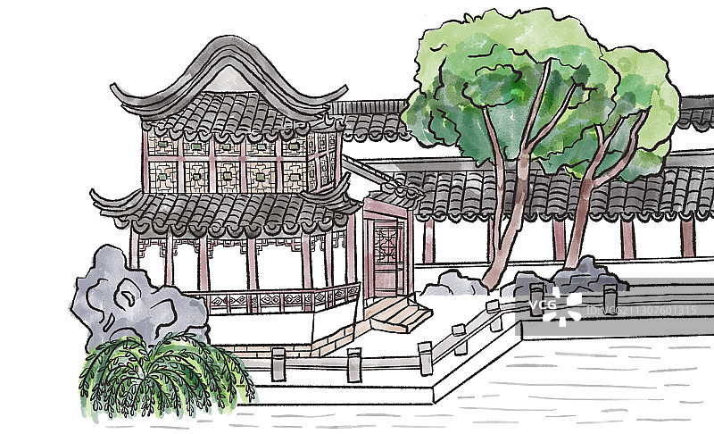 水墨线条风亭台楼阁图片素材