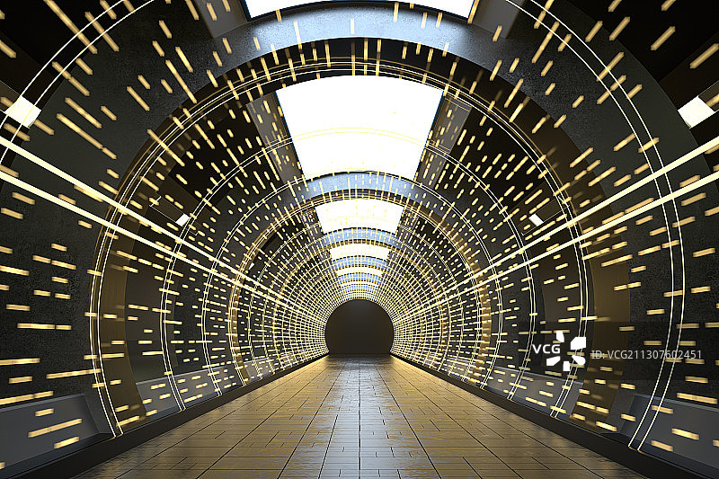 黑暗隧道内的霓虹发光线条 3D渲染图片素材