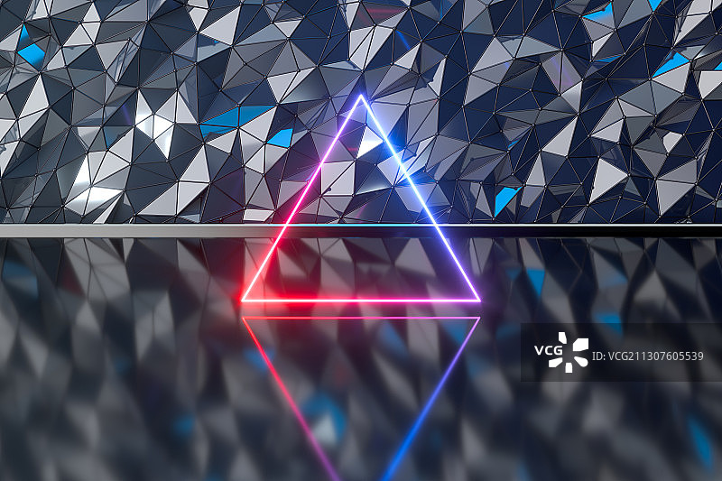三角形金属纹理与霓虹线条 3D渲染图片素材