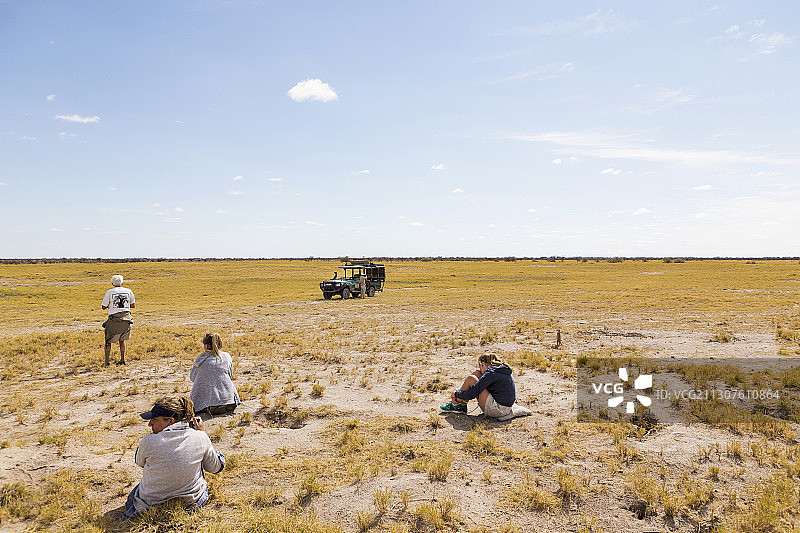 游客观赏狐獴，卡拉哈里沙漠，马卡迪卡迪盐沼，博茨瓦纳图片素材