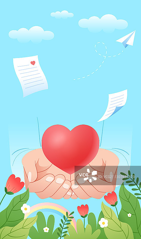 双手捧着爱心和花丛蓝天背景图片素材