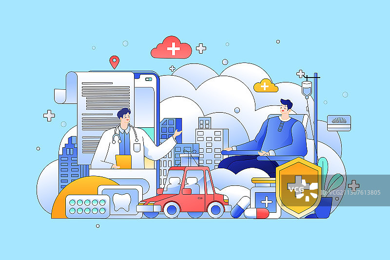 卡通医疗健康看病问诊在线挂号体检打针输液门诊治疗康复矢量插画图片素材