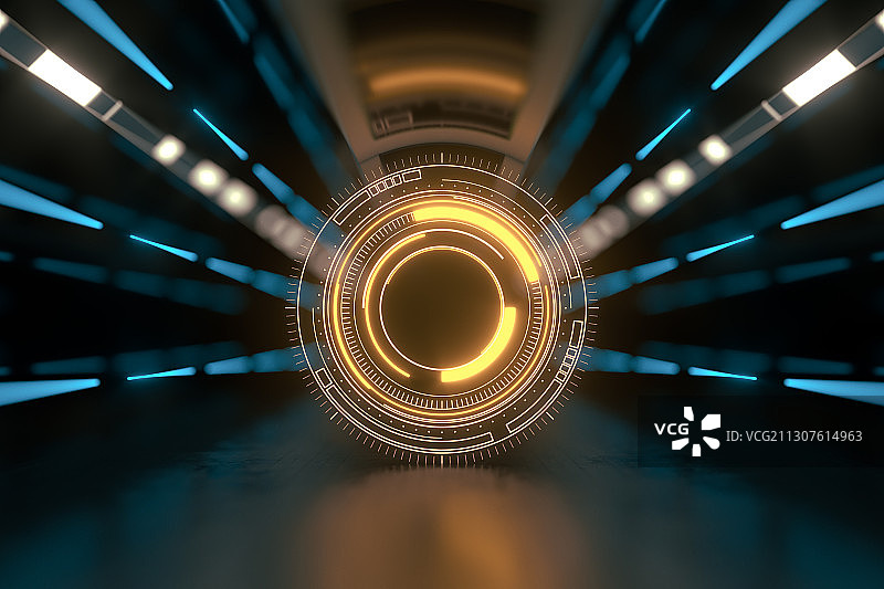 科技感HUD线条与室内空间 3D渲染图片素材
